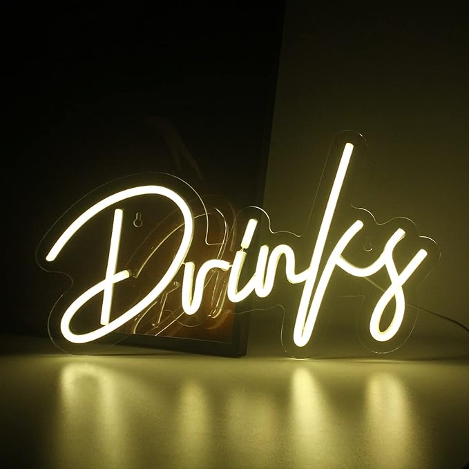 Looklight Drinks Neon Sign,Letters Bar Neon Light,Led Neon Signs for Wall Decor,Warm White Neon Light Sign,USB Light Up Sign for Kitchen Restaurant Bar Cart Accessories Christmas
