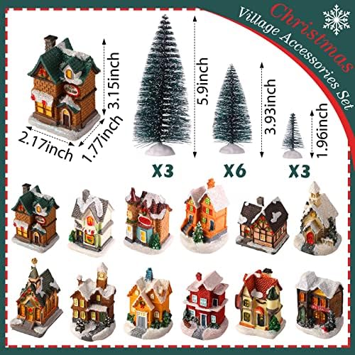 Kajaia 24 Pcs Christmas Houses Village and Mini Trees LED Lights Town Set