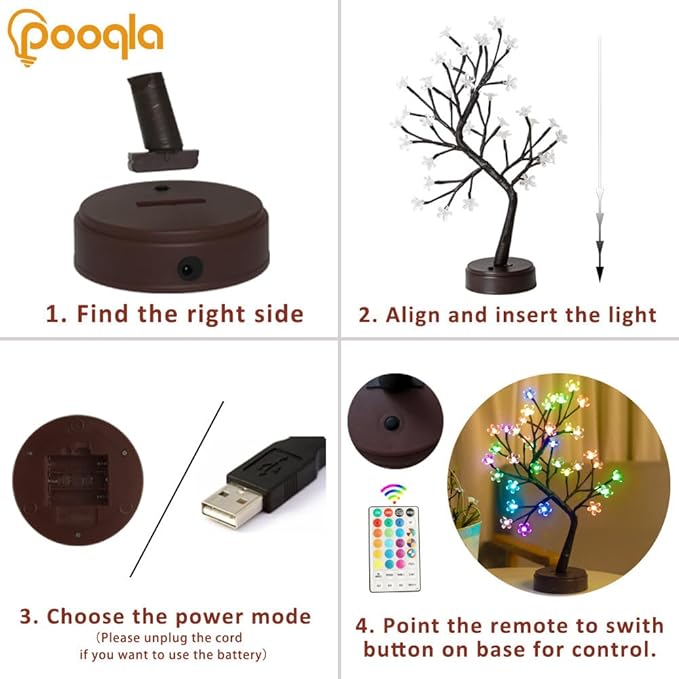 Pooqla RGB Cherry Blossom Tree Light with Remote 28 Colors LED Artificial Flower Bonsai Tree, RGB Table Top Lamp Home Lit Tree Valentine's Day Christmas Decoration 36 LED, Brown Branch