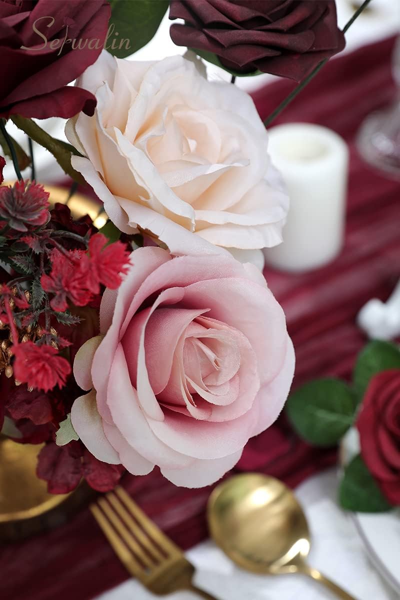 Burgundy Artificial Flowers Combo, Silk Rose Flowers for Wedding