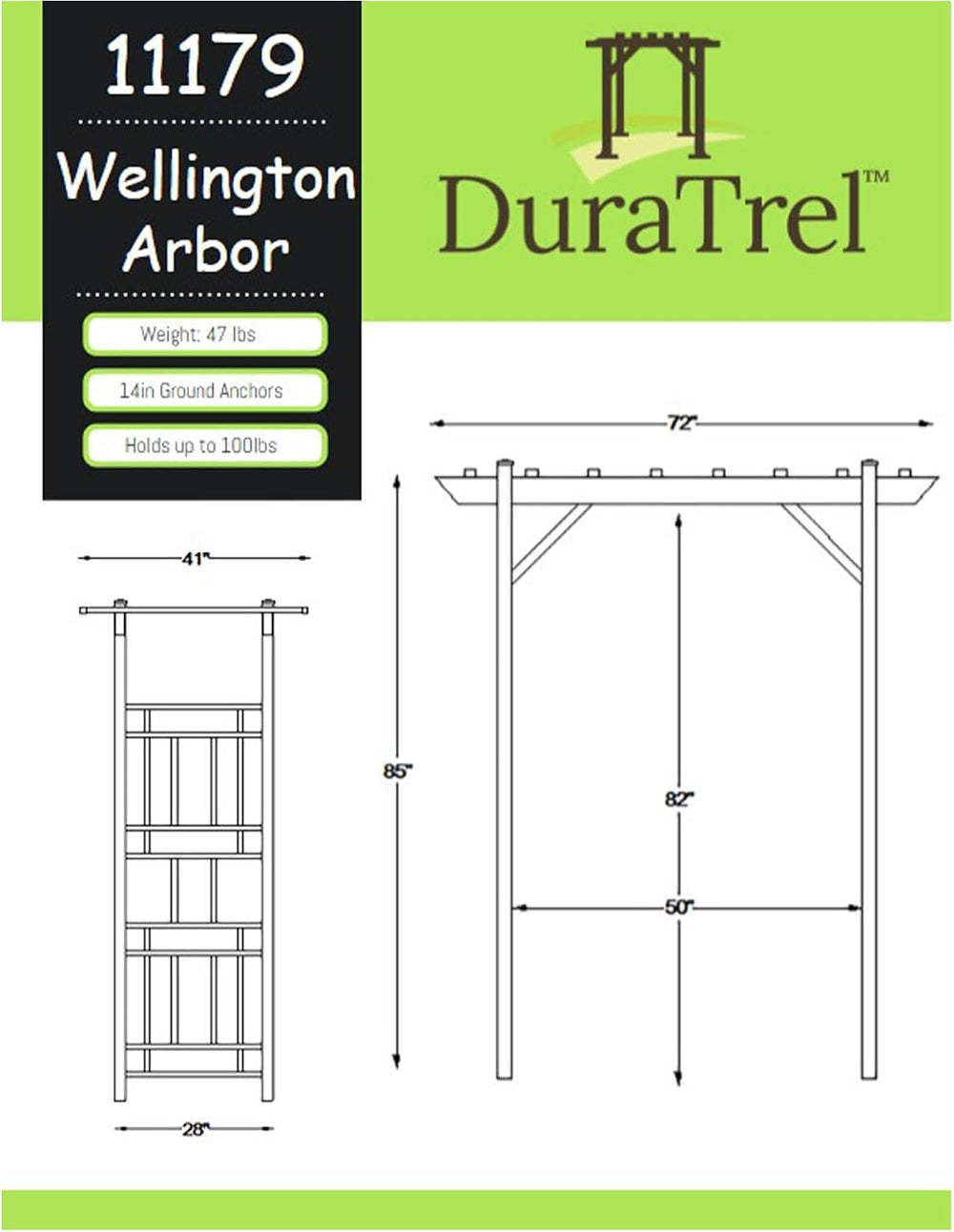 Dura-Trel Wellington Arbor 72" x 85" Outdoor Garden Trellis, White