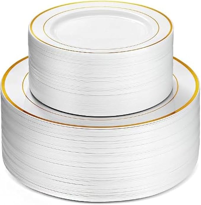 Neatiffy100 Pcs Gold Rim Plastic Dinnerware Set (50 Guest) | 50 x (Dinner Plate, Dessert Plate) | For Wedding, Luxurious Party, Special Event (100 Pcs)