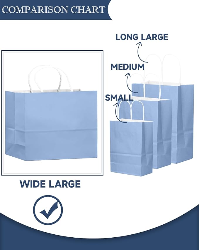 qiqee 100PCS Large Gift Bag with Handles Bulk 13"x4.5"x10" Gift Bags Light Blue Multiple Uses (32x11x25cm,Wide Large)