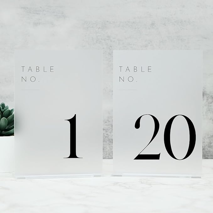 JINMURY Frosted Wedding Table Numbers 1-20 with Stands, 5"x7" Frosted Acrylic Table Numbers, Perfect for Wedding Reception, Party, Anniversary, Event (Black Font,1-20, 5"x7")
