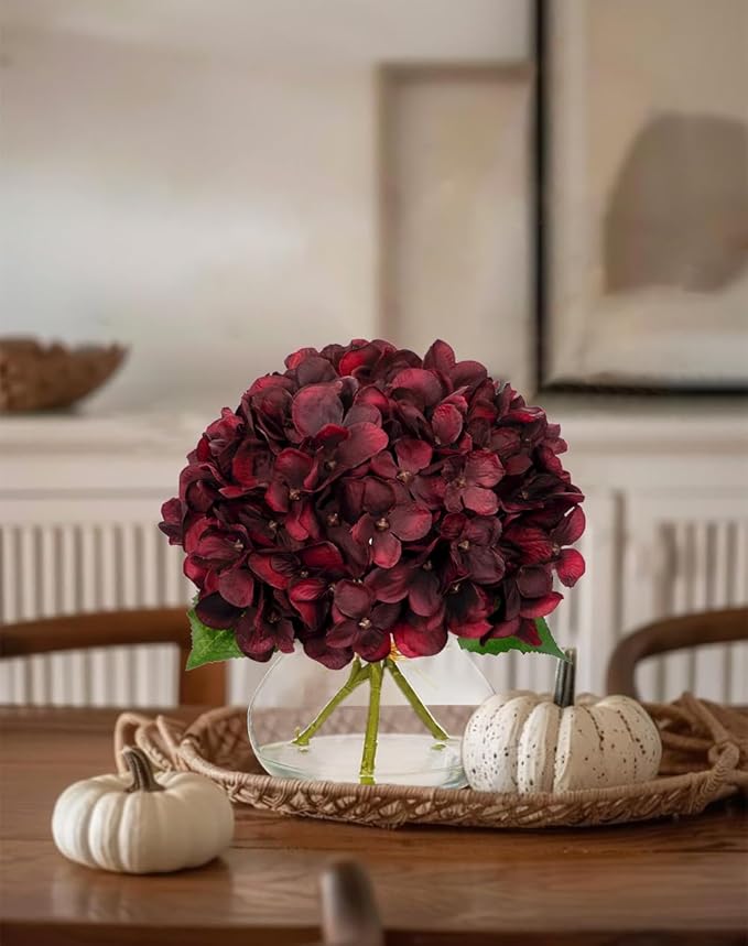 Hollyone Dark Red Fall Hydrangea Artificial Flowers for Decoration in Glass Vase Autumn Silk Faux Flower Arrangements with Faux Water Table Centerpiece Vase with Fake Flowers Fall Decorations for Home