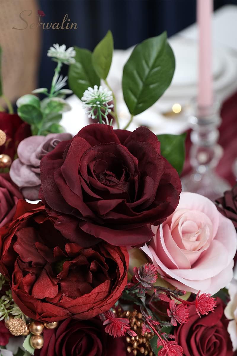 Burgundy Artificial Flowers Combo, Silk Rose Flowers for Wedding