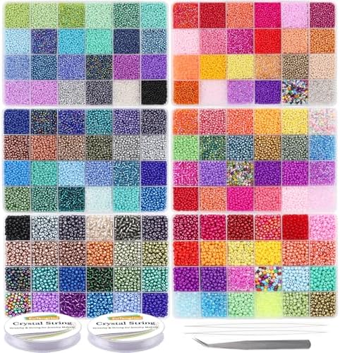 EuTengHao 81600pcs Glass Seed Beads Craft Beads 6/0,8/0,12/0 Multi-Size for DIY Bracelet Necklaces Crafting Jewelry Making Supplies with Beading Needles Elastic Strings (144 Colors, 2mm&3mm&4mm)
