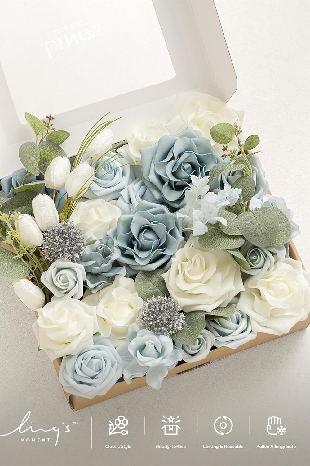 Ling's moment Artificial Wedding Flowers Combo, Dusty Blue & White, G...