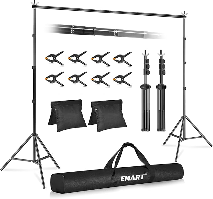 EMART Backdrop Stand 10x7.8ft(WxH) Photo Studio Adjustable Background Stand Support kit with 2 Crossbars, 8 Clamps, 2 Sandbags and Carry Bag for Parties, Events Decoration, Wedding, Photography