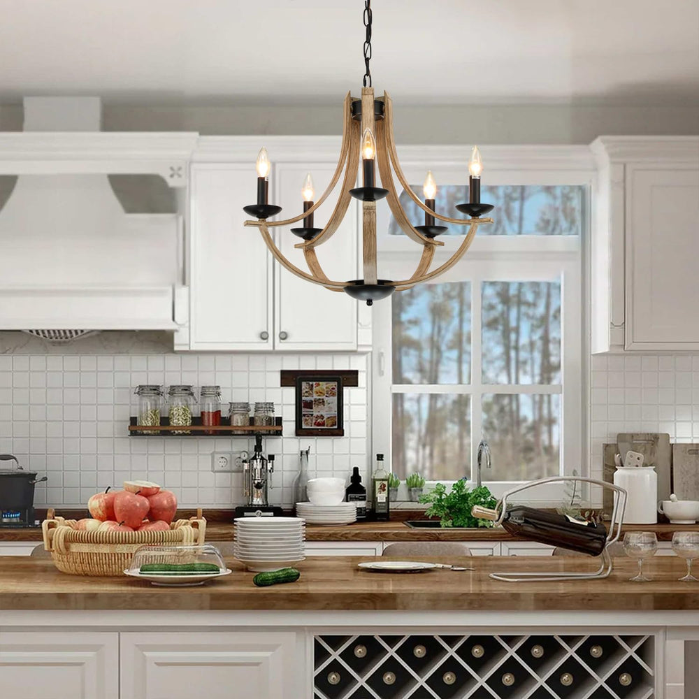 Farmhouse Chandeliers for Dining Room Light Fixture, 5-Light 24 inch Faux Woo...