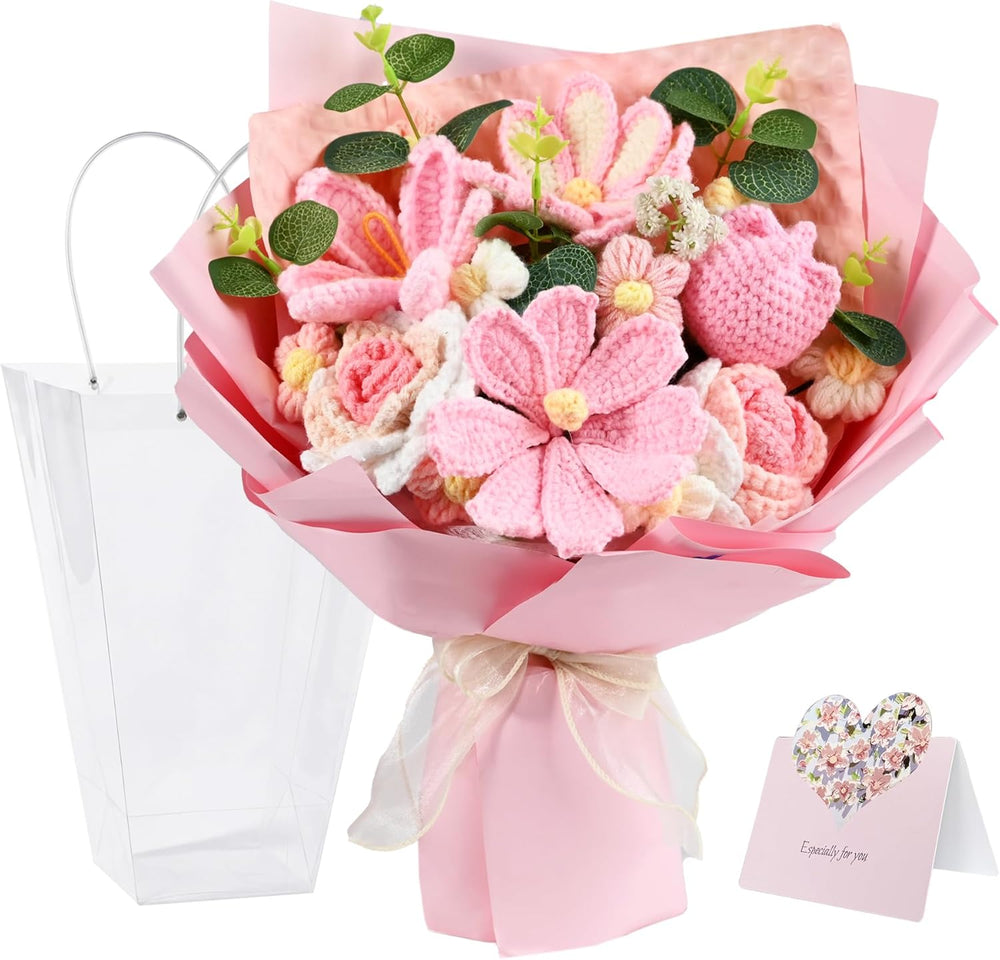 18Pcs Handmade Crochet Flower Bouquet Knitted Yarn Flowers with Bag & Car...