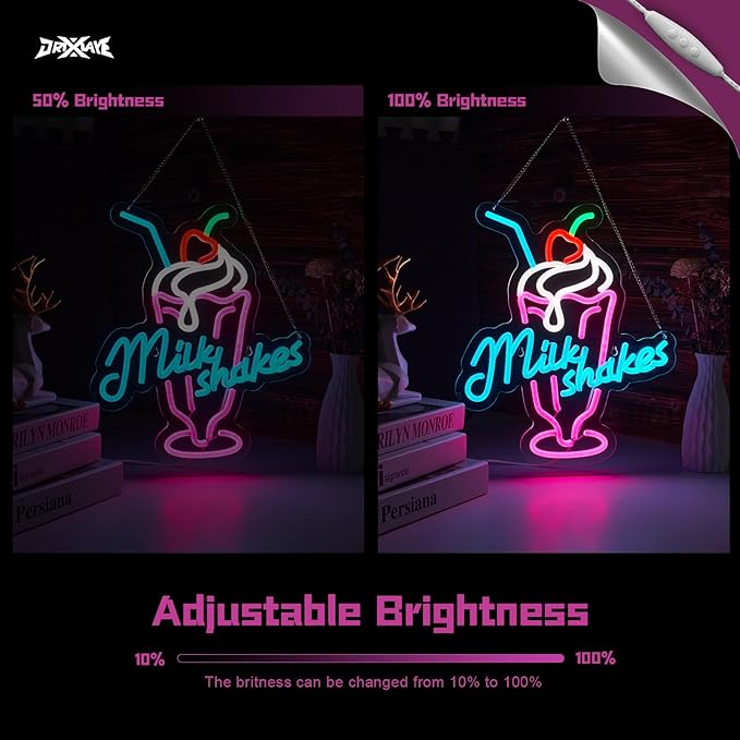 Milk Shakes Neon Signs Ice Cream Neon Light Milk Tea LED Neon Light Milk USB Powered Dimmable(12.6x14.8 Inch)