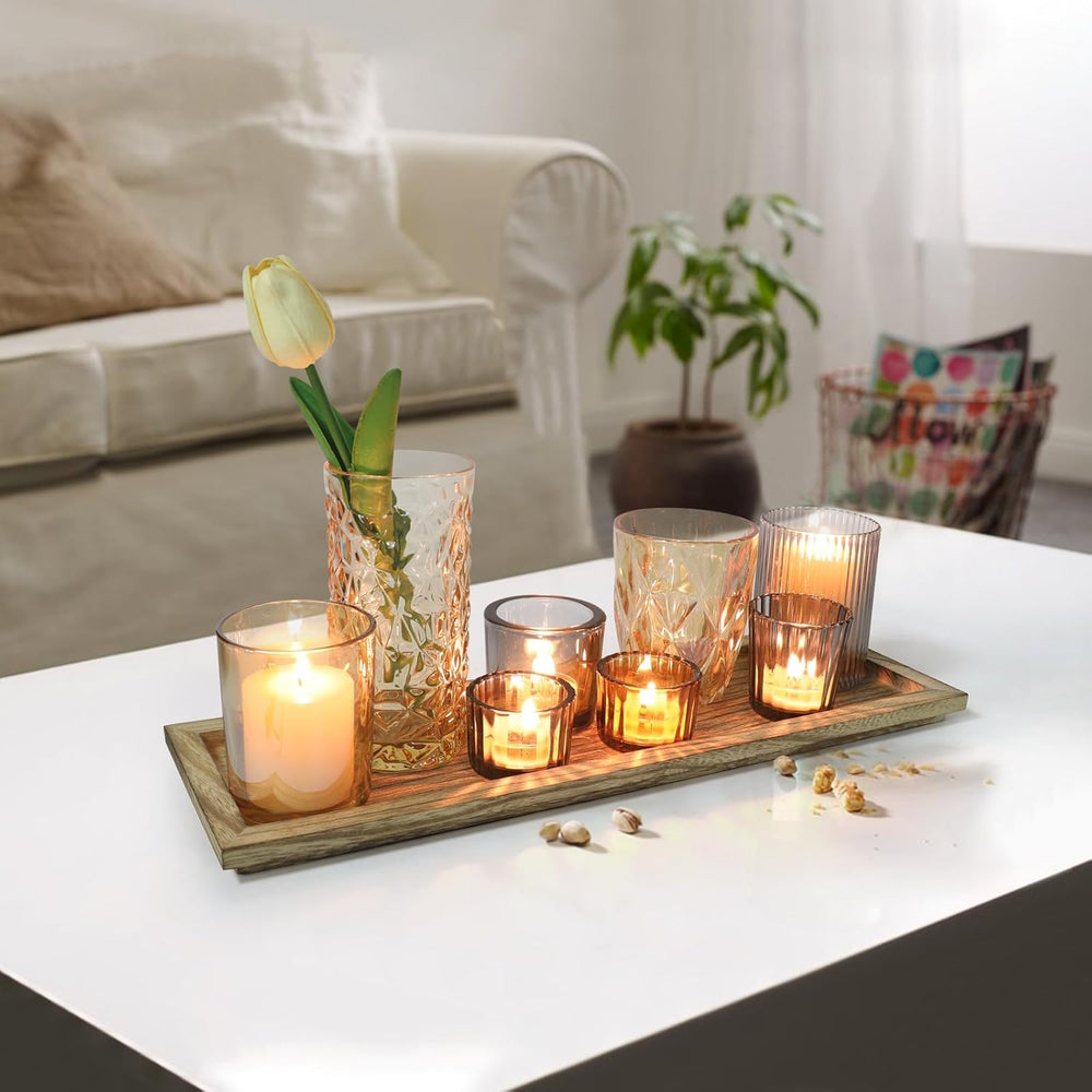Rustic Wooden Tray with 8 Brown Glass Votive Candle Holders