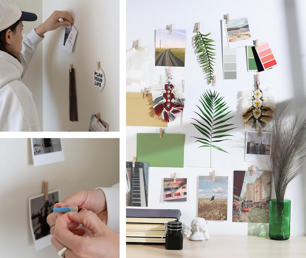 100 Pack Mini Self Adhesive Clips for Pictures - Wood Clip Photo Holders for ...