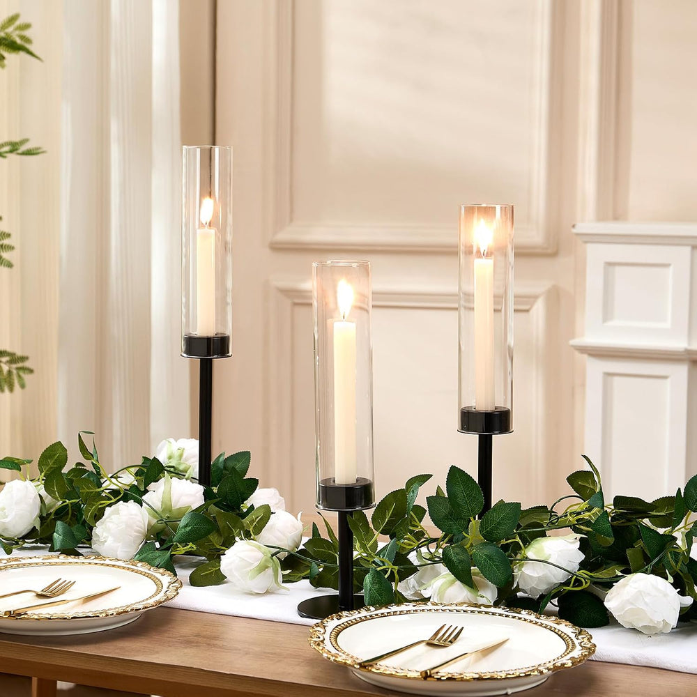 Black Hurricane Glass Candle Holders Set of 3 Tall Taper Candlestick Holder