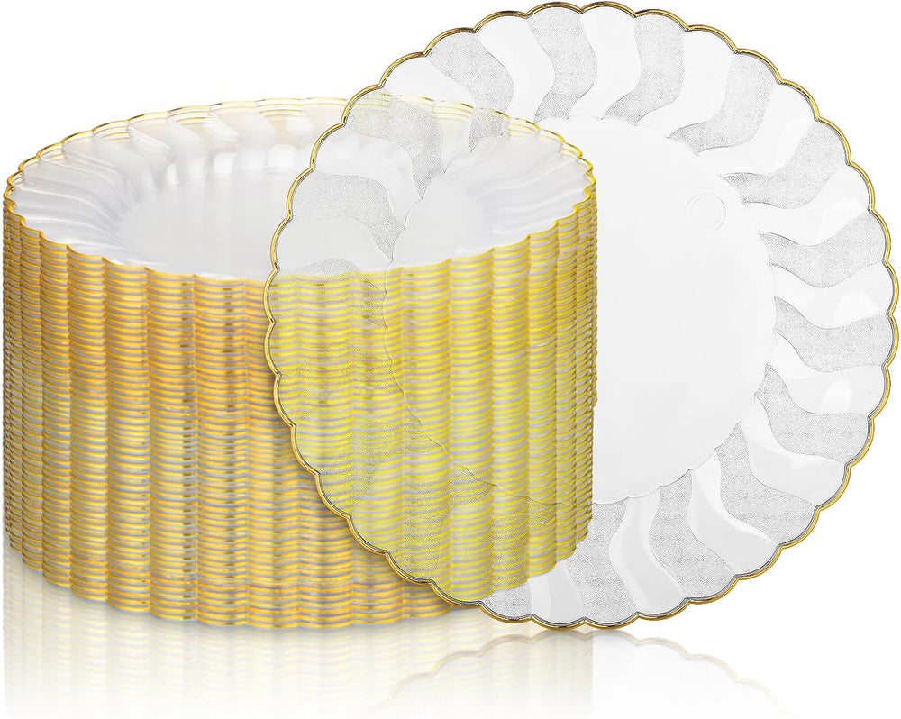 Hushee 100 Pcs 6'' Plastic Plates with Gold Trim Dessert Plates, Clear