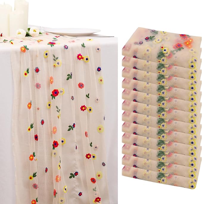 BINBE 12pcs Daisy Fall Table Runner Embroidery Gauze 10FT Florals Seasonal Tulle Holiday Birthday Kitchen Dining Table Decor for Home Party Champagne