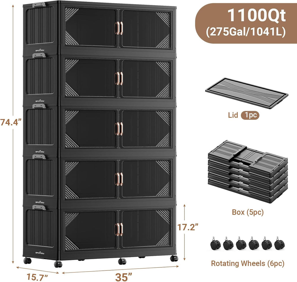 Broview V60 1100QT Plastic Stackable Storage Bins with Lid, 5Pack Black