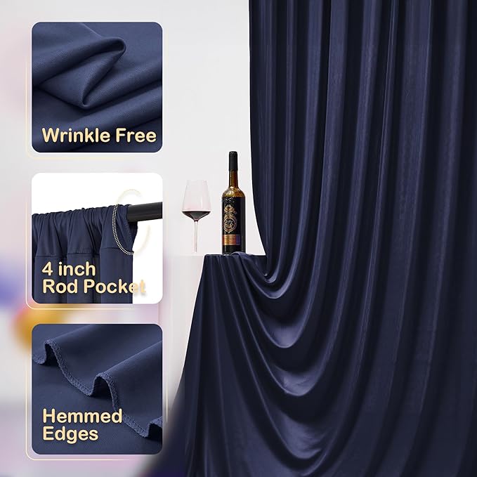 10x10ft Wrinkle Free Navy Blue Backdrop Curtains for Party Background, Silky Polyester Blue Photo Backdrop Drapes 2 Panels 5x10ft Back Drop Cloth for Wedding Birthday Photography Baby Shower Decor