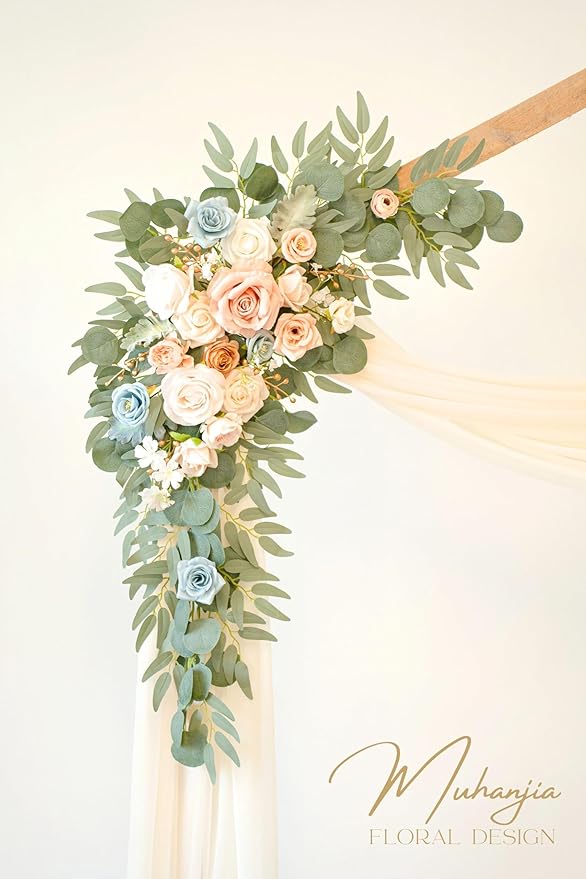 Artificial Wedding Arch Flowers Kit(Pack of 4),2Pcs Artificial Flower Arch Decor, 2Pcs Chiffon Fabric Drapes, Ceremony Decoration, Floral Outdoor Party Decor (Champagne & Blue)