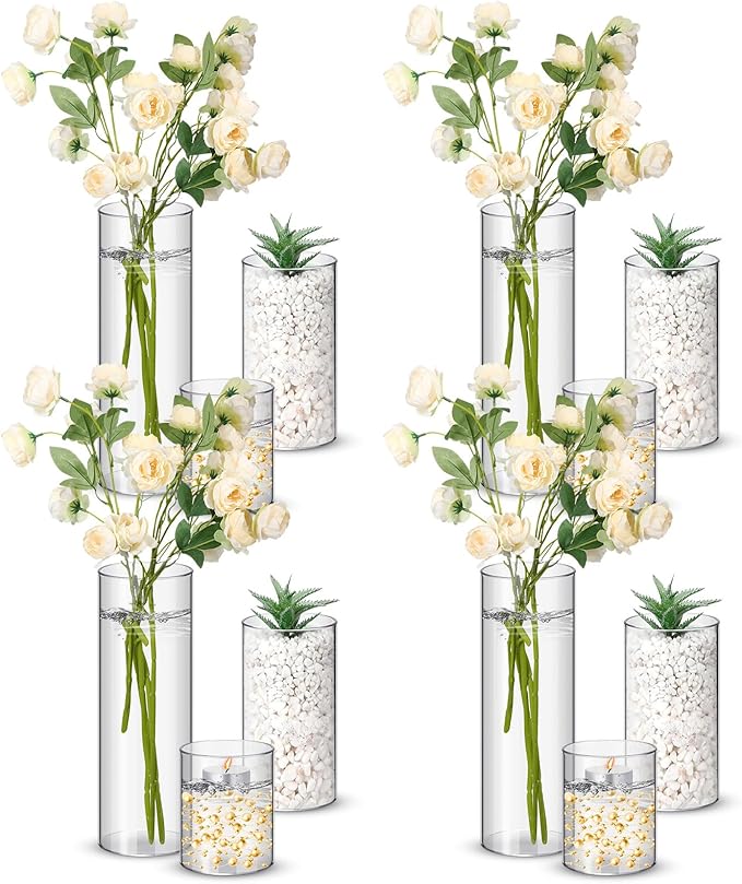 Nuogo 12 Pcs Plastic Cylinder Vases Tall Clear Flower Vases for Centerpieces Hurricane Candle Holder for Home Wedding Office Party Formal Dinners Decorations (4''/6''/8'')