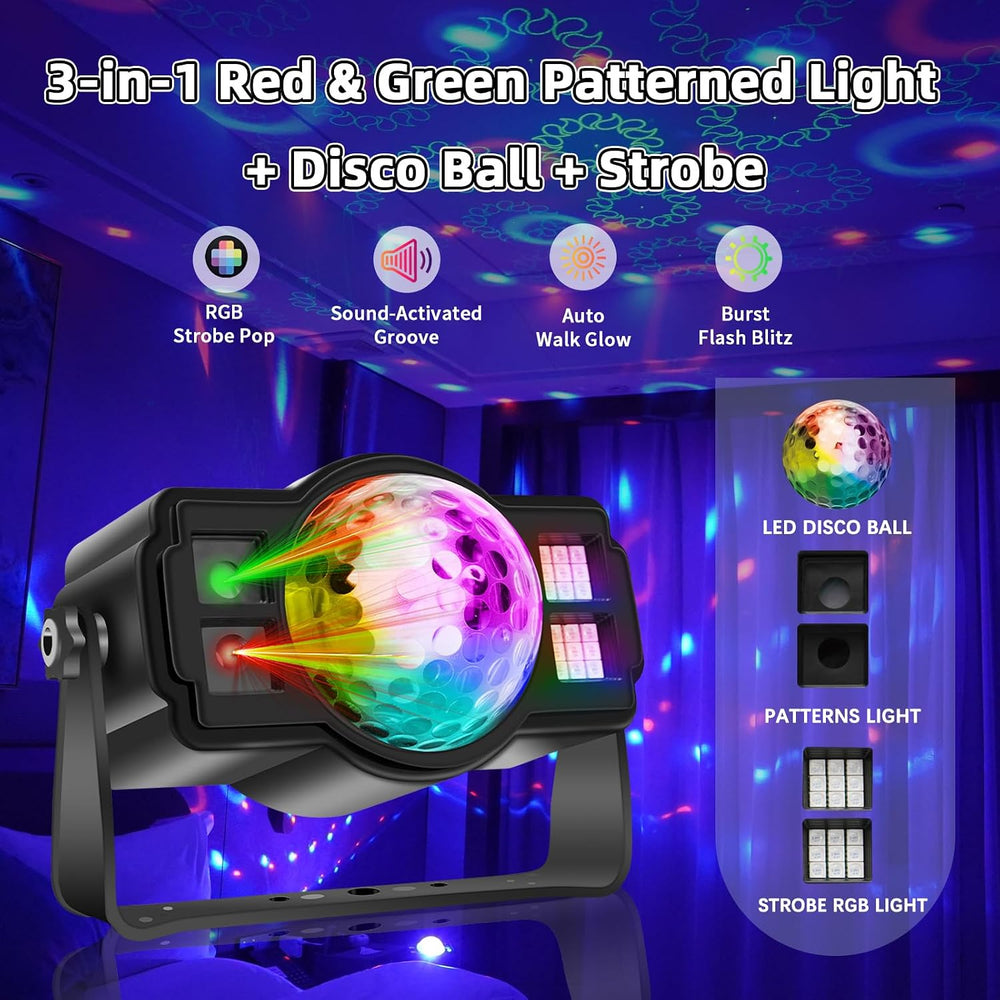 3-in-1 Disco Ball Party Lights, Sound Activated DJ Strobe Light with 60 Patte...