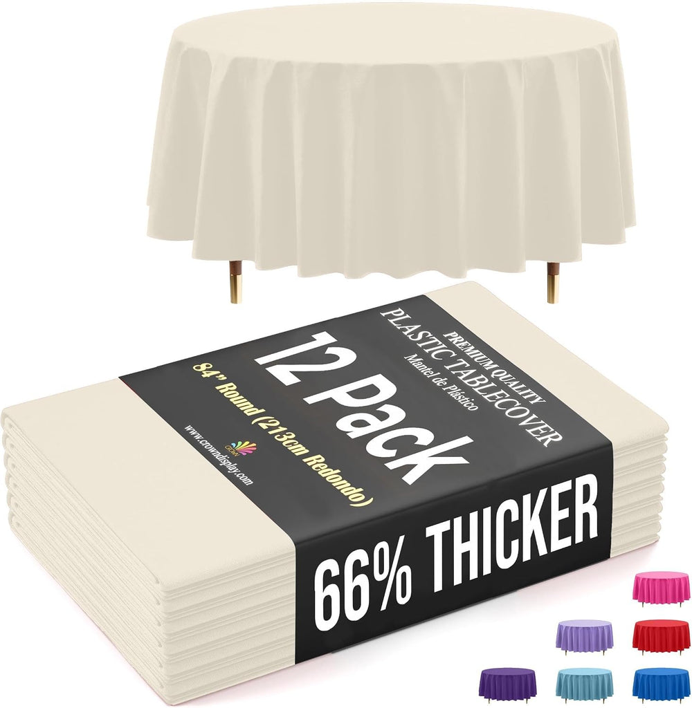 Exquisite 66% Thicker Premium Ivory Round Tablecloth 0.5 Mil 12 Pack Plastic ...