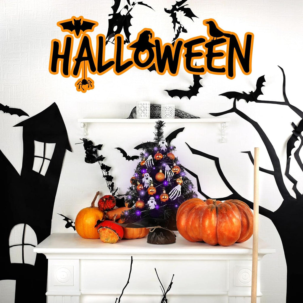 20" Mini Halloween Tree Black Tree Artificial Mini Halloween Tree with Purple LED Lights, Orange Balls Ornaments, Skeleton Hand and Ghost Decorations for Halloween Tabletop Decoration