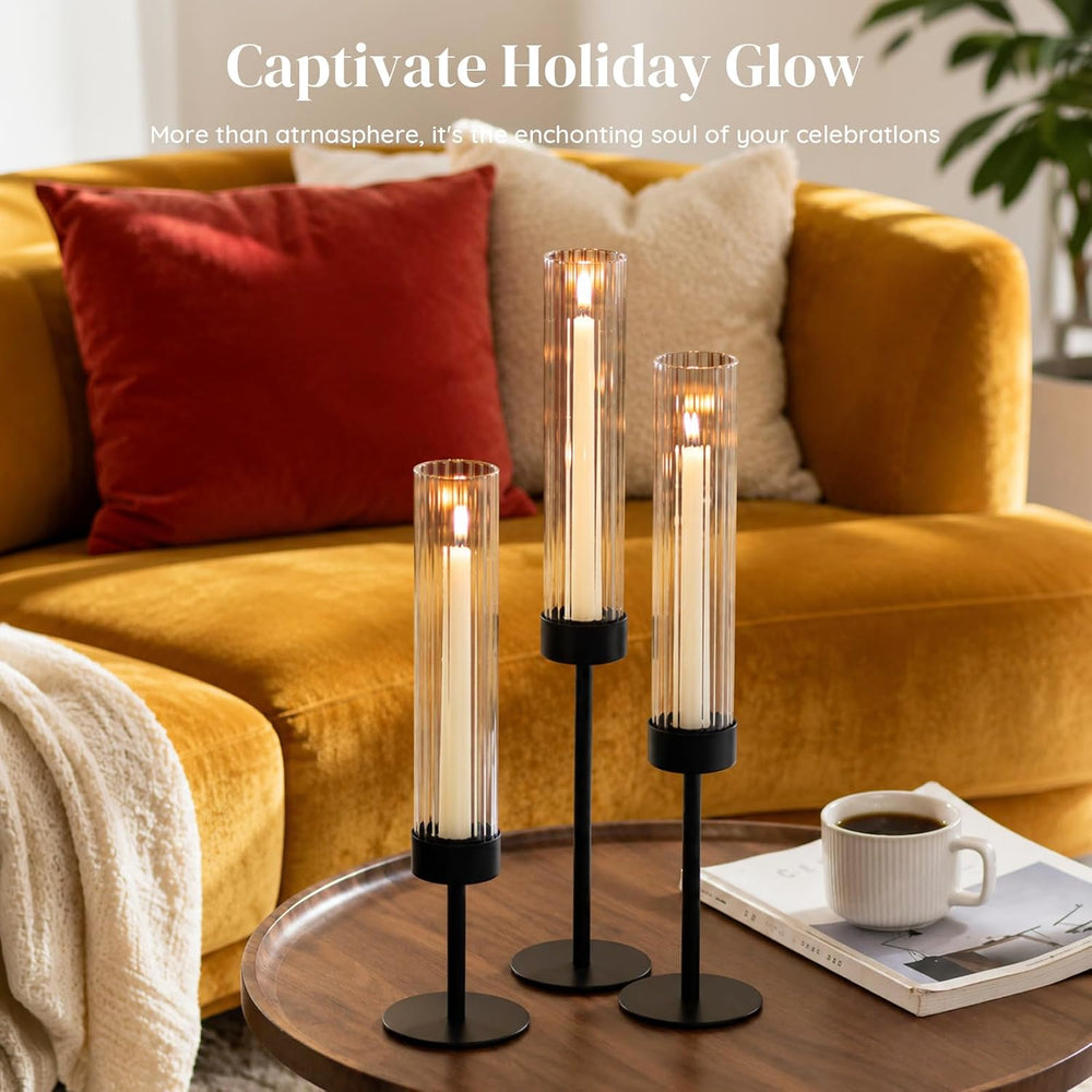 Glasseam Black Candlestick Holders, 6Pcs Fluted Glass Hurricane with Taper