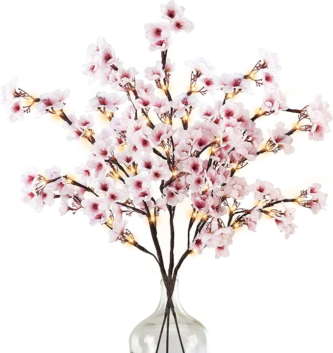 Uieke 3PCS Lighted Cherry Blossom Branches, 30in Artificial Cherry Blossom Flowers with 60 LED Lights Timer Battery Operated Lighted Twig Branches for Vases Wedding Party Home Indoor Decor