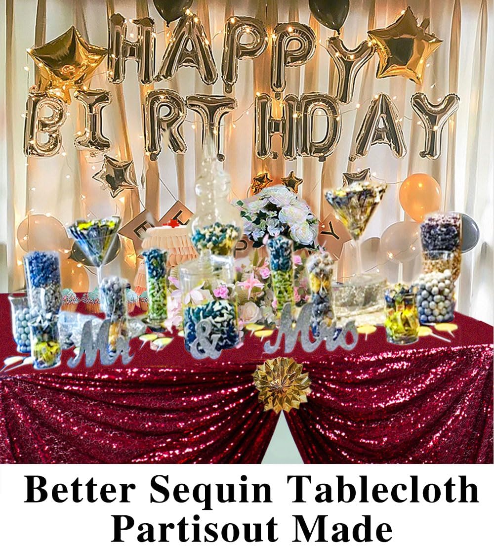 Partisout Sequin Tablecloth 90x132 inch Sequin Table Cloth for Parties Burgun...