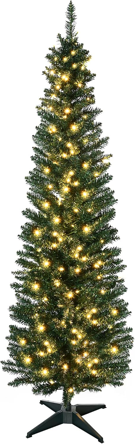 HOMCOM Noble Fir Artificial Pencil Christmas Tree Prelit 6' Green