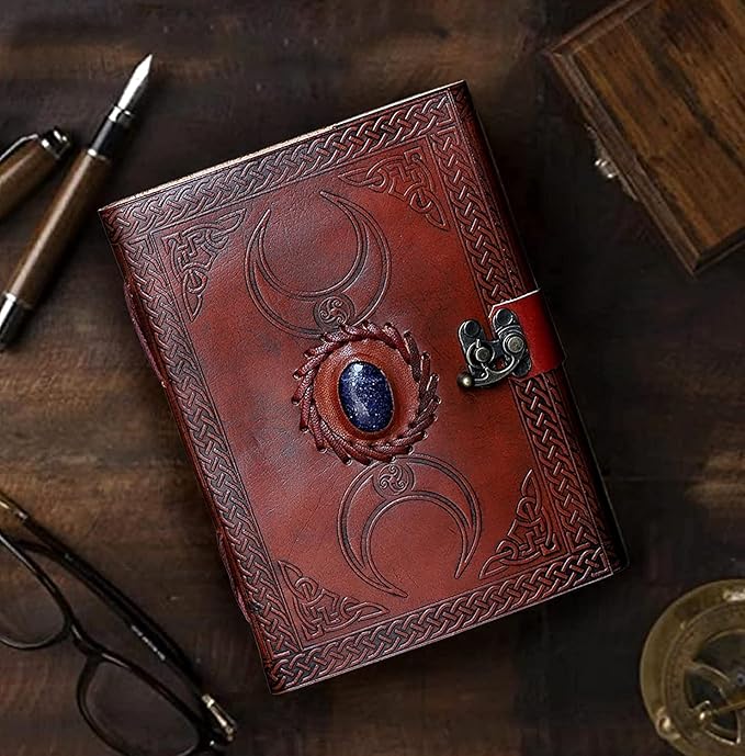 cuero 3 Moon Blue Lapiz Embossed Vintage Leather Journal for Men & Women - 140 Pages, Antique Handmade Deckle Edge Vintage Paper, Leather Journal Writing Notebook Dairy Gift (7 inch by 10 inch, Brown)