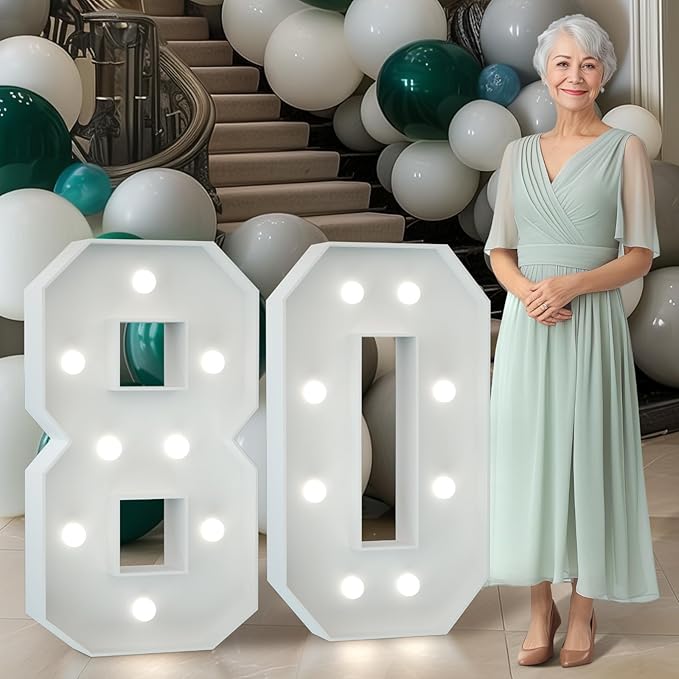 Marquee Numbers 3 Feet Tall Big Light Up Numbers 80th Birthday Decorations Women Men White Anniversary Party Decor Large Cardboard Prop Backdrop Sign 80