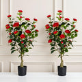 Artificial Camellia Tree 2 Pack, 3FT Faux Camellia Plant in Pot, 36 inch Fake Potted Camellia Flower Tree Plastic Camellia Tree for Modern Home Office Christmas Living Room Floor Decor Indoor, Red