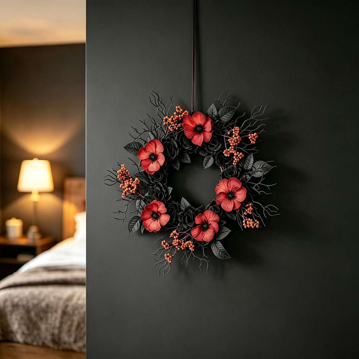 tempus halloween wreath set, 18 inch, black rose on a desk or shelf