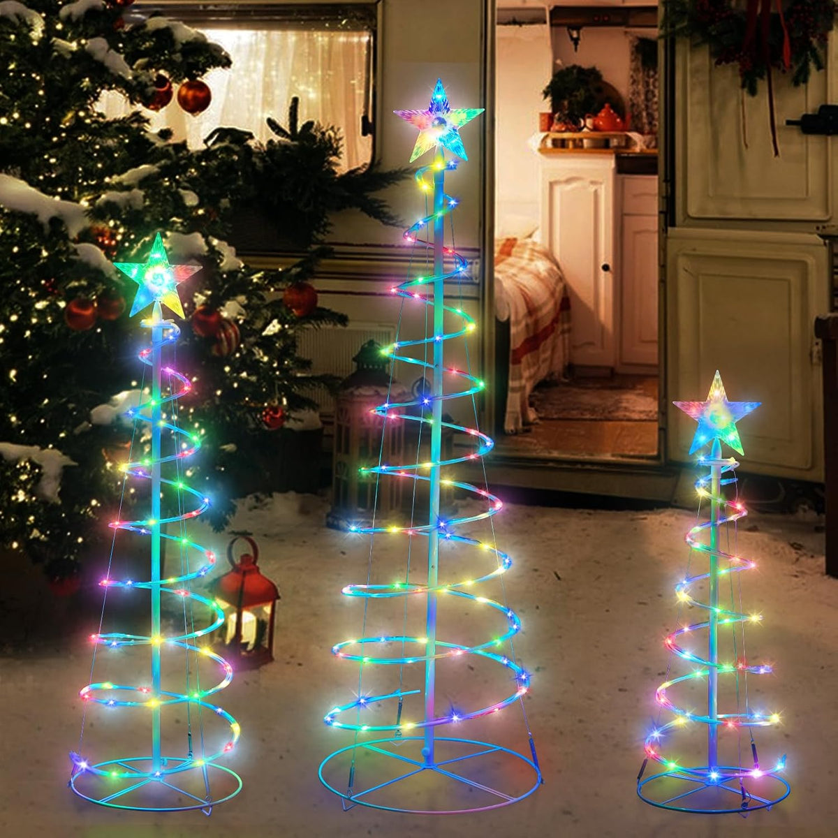 Set of 3 Christmas Spiral Tree Lights, 3/4/5 FT Holiday Decor, Multicolor