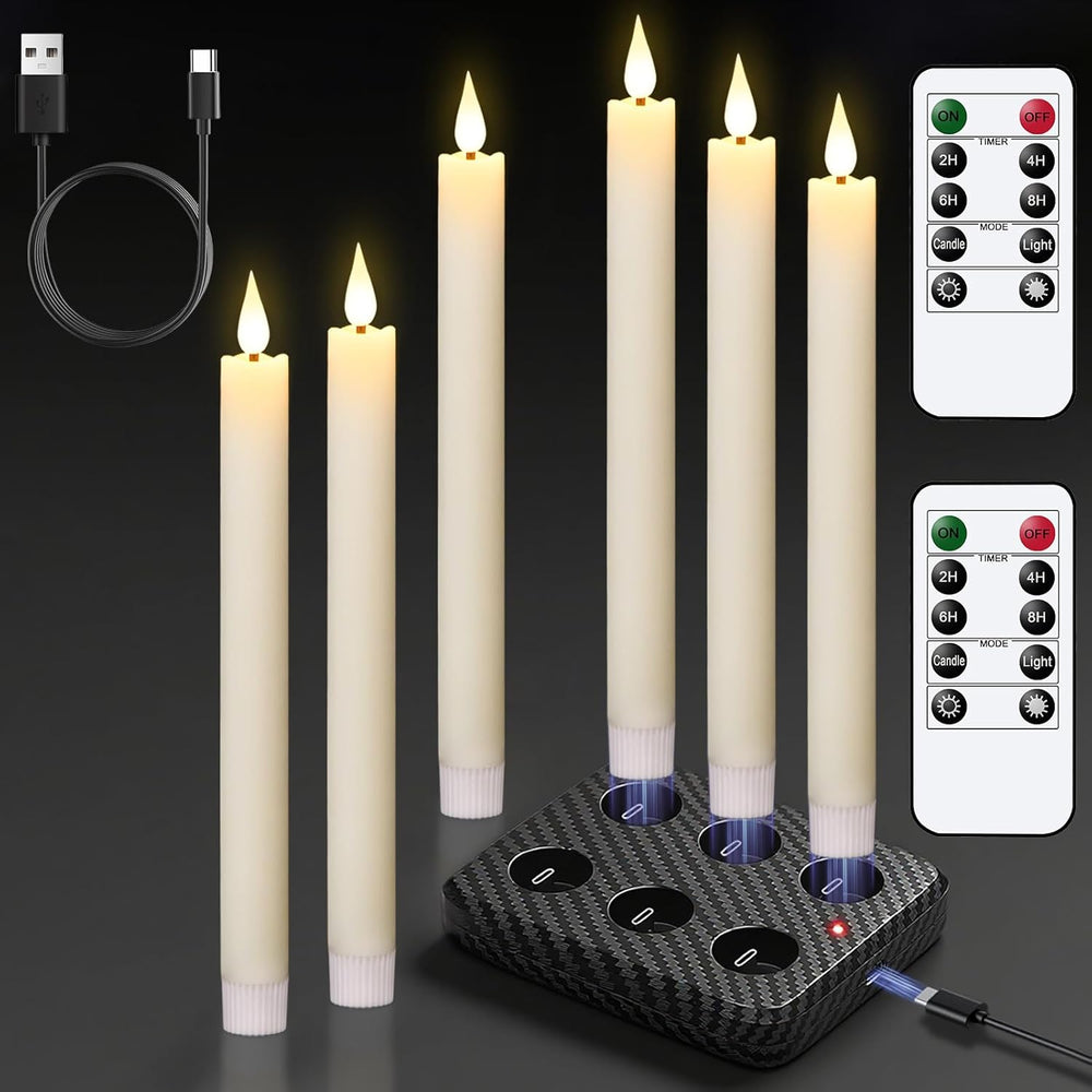 GenSwin Rechargeable Flameless Taper Candles Charging Base & 2 Remote Ivory