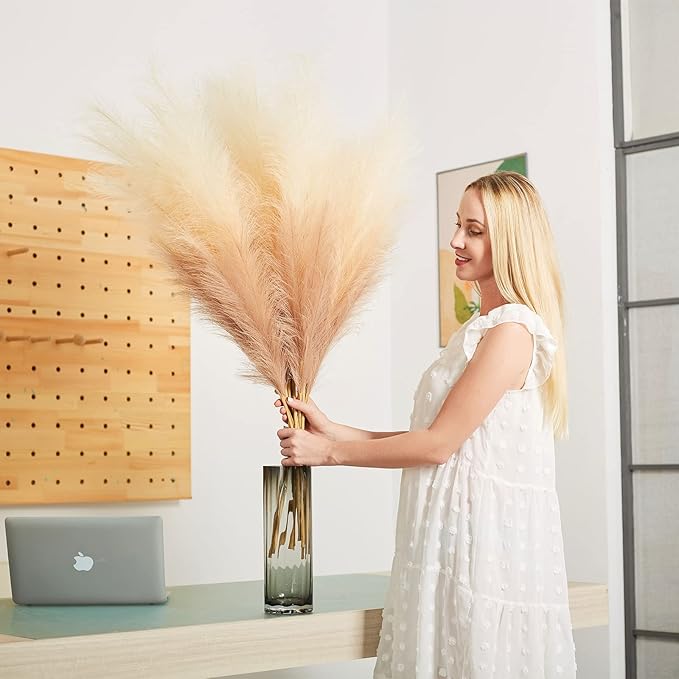 EVODIS Faux Pampas Grass Decor, 6 Stems Artificial Pampas Grass - 43 inch Tall Pompass Grass Large Pompous Boho Flower Arrangement Home Decor for Room Wedding Party