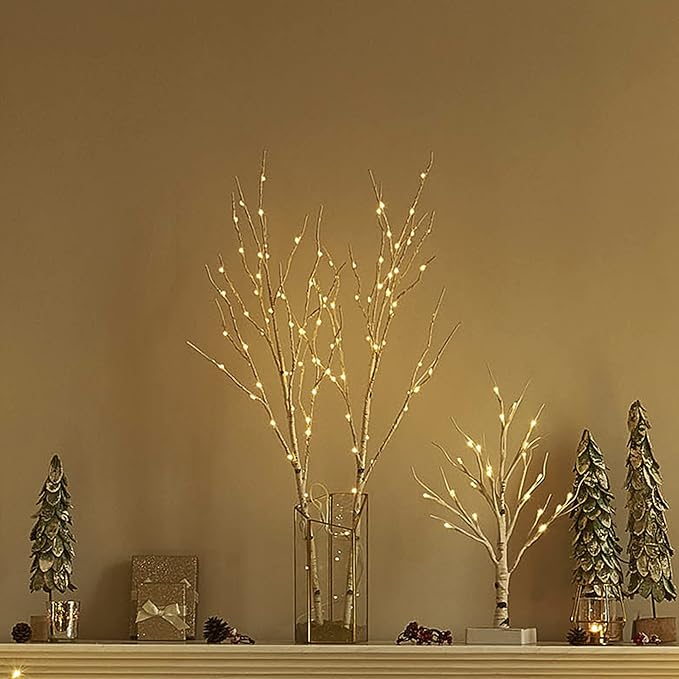 BAOLITVINE Birch Branch Lights with Timer Battery Operated 100 LED Fairy Lights, Lighted Willow Branches 32IN for Home Bedroom Fireplace Christmas Decoration Inside Outdoor