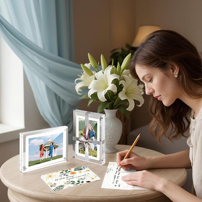 JOHOUSE 5 Pack 5 x 7 Acrylic Picture Frames, Double Sided Magnetic Photo Frames Self Standing Frameless Transparent for Desktop Display Gifts for Women (6 Pack)