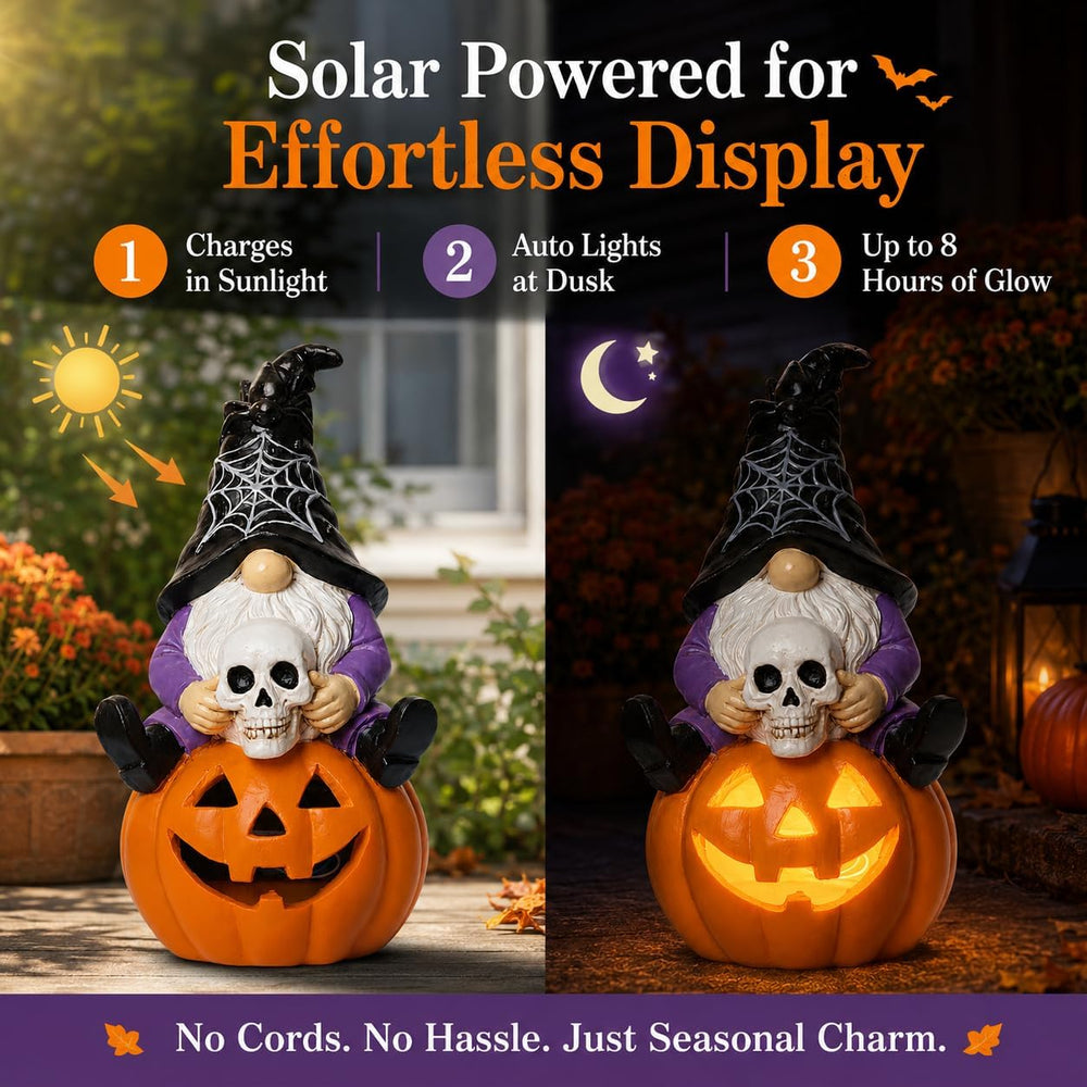 Solar Halloween Gnome Statue Outdoor Decor Lighted Pumpkin Garden Figurine