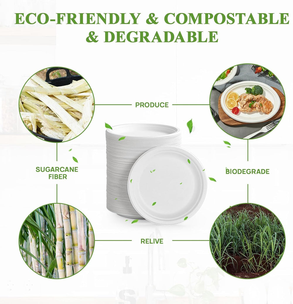 Vplus 350 Pack Compostable Bagasse Paper Plates 6.9 inch, White