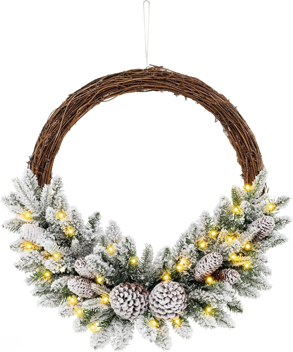 GOFLAME 24” Pre-lit Artificial Christmas Wreath, Snow Flocked Xmas Hoop Wreath with 35 LED Lights, 65 Branch Tips, 8 Natural Pine Cones, Timer, Battery-Operated Holiday Decoration for Window Wall
