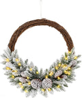 GOFLAME 24” Pre-lit Artificial Christmas Wreath, Snow Flocked Xmas Hoop Wreath with 35 LED Lights, 65 Branch Tips, 8 Natural Pine Cones, Timer, Battery-Operated Holiday Decoration for Window Wall