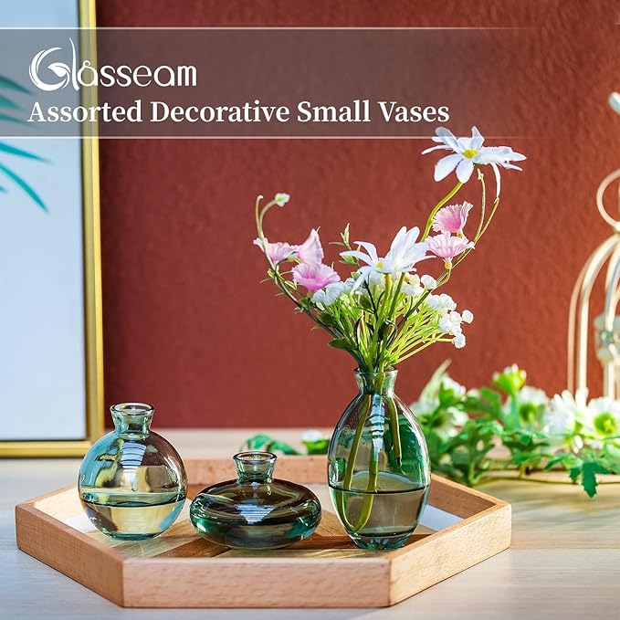 Glass Bud Vase for Centerpieces: 12Pcs Glasseam Green Mini Small Vases for Flowers Bulk Flower Vase Set Aesthetic Cute Handmade Tiny Short Wedding Table Centerpiece Decor