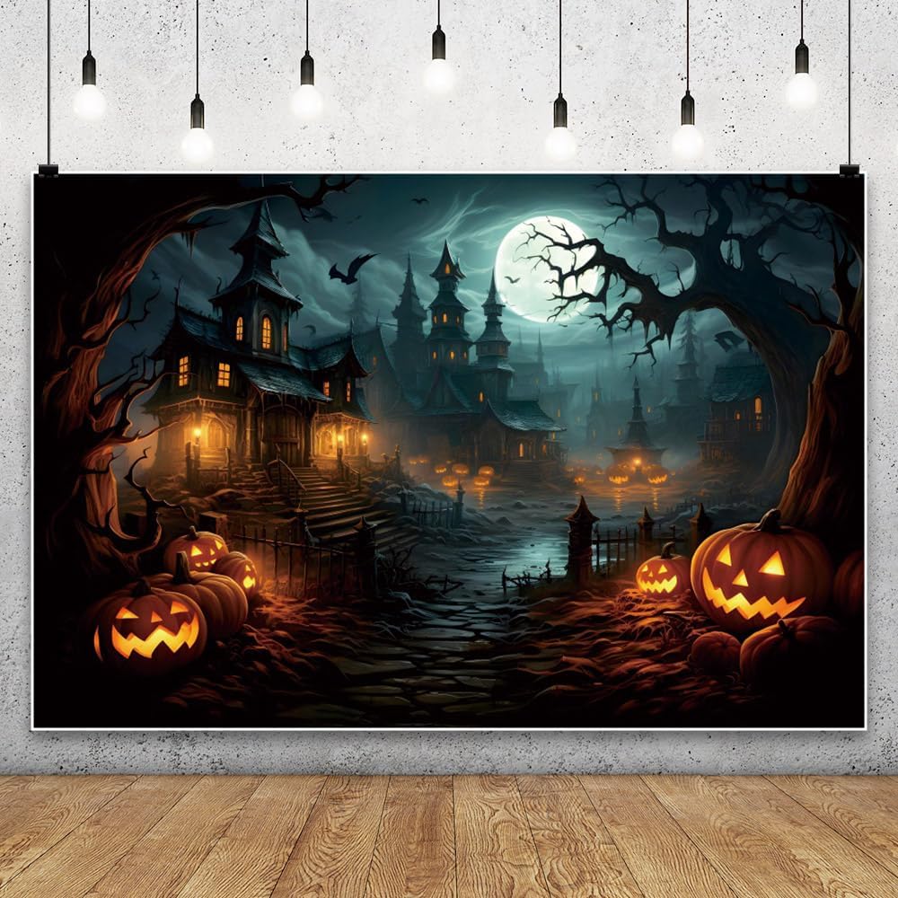 Leowefowa 12x8ft Halloween Photography Backdrop Horror Moon Night Pumpkin Lan...