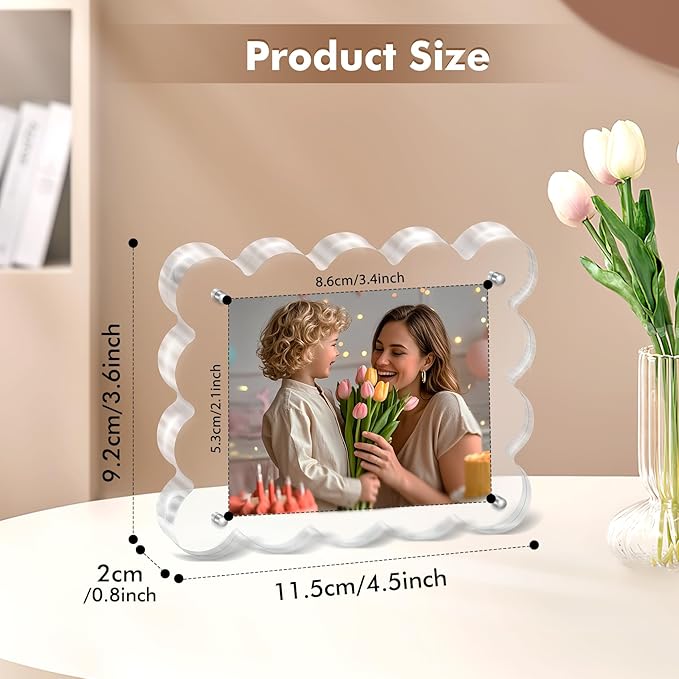 Acrylic Photo Frame 2×3inch - 3Pack Magnetic Picture Frames with 10+10mm Thick Block, Scalloped Edge Design, Double-Sided Magnet Frames for Modern Desktop Display (Clear, 2x3)