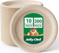 JOLLY CHEF Compostable Heavy Duty Plates 𝟭𝟬 𝗜𝗻𝗰𝗵 [𝟯𝟬𝟬 𝗣𝗮𝗰𝗸] Eco-Friendly Disposable Paper Plates Made of Bagasse Biodegradable Bulk for Party Dinner Sugarcane Fibers Round (Natural) (300 Pack)