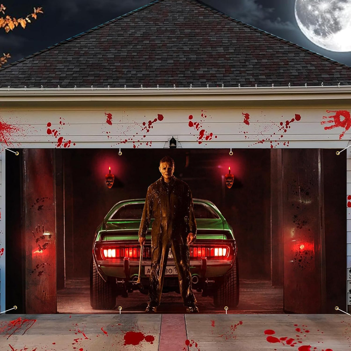 Creepy Halloween Garage Door Cover 7x16ft - Classic Movie Killer Character